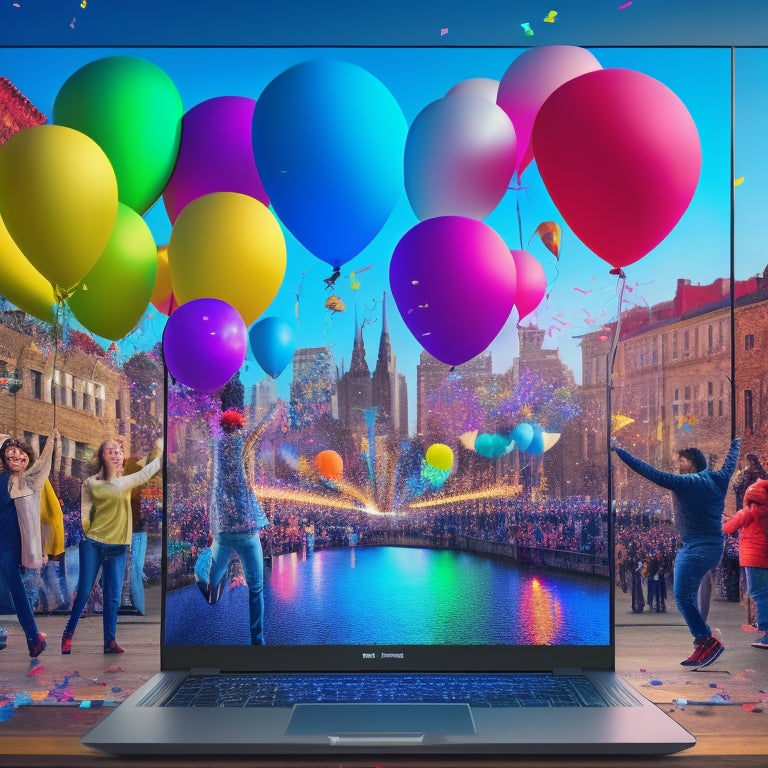 A vibrant, colorful illustration of a laptop screen surrounded by dancing silhouettes, with confetti and balloons floating upwards, amidst a blurred background of cityscapes and homes, conveying joy and connection.