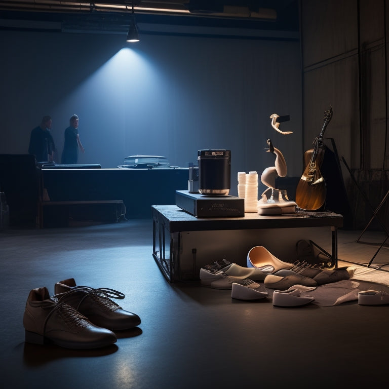 A dimly lit dance studio with a laptop and ballet barre in the foreground, surrounded by scattered dance shoes and water bottles, with a subtle gradient of spotlight shining down.