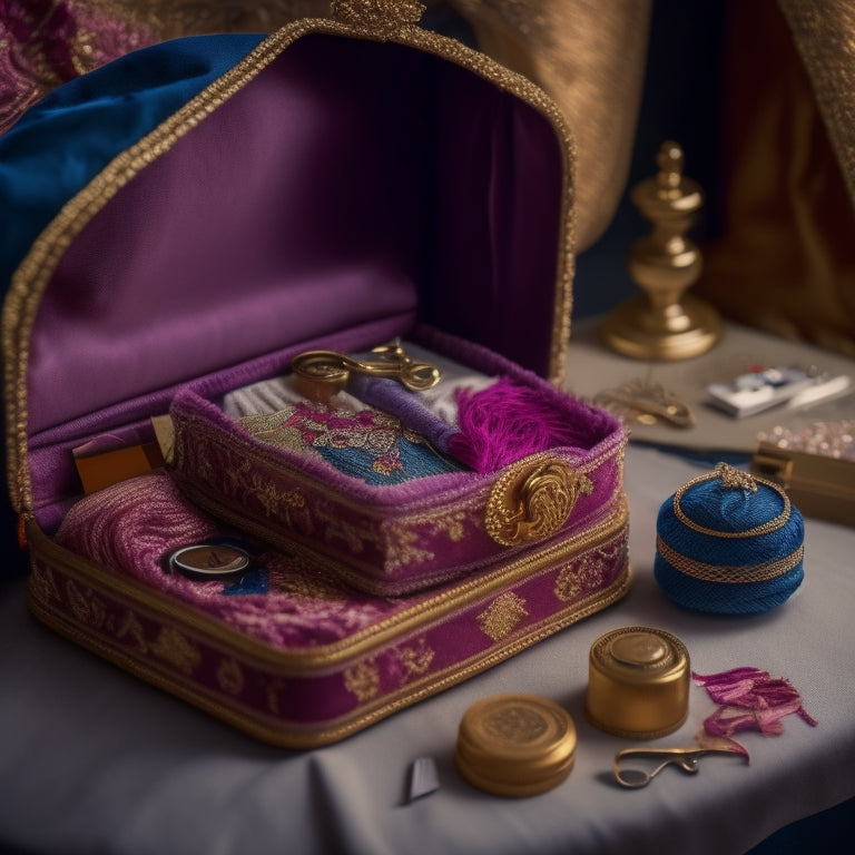A delicate, velvet-covered costume box with a lifted lid, surrounded by scattered fabric scraps, threads, and a miniature sewing kit, with a soft, golden light illuminating the scene.