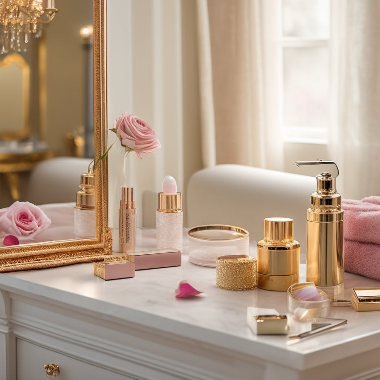 A serene, golden-lit bridal suite with a lace-draped vanity, scattered rose petals, and a few strategically placed beauty products, including a tiara, lipstick, and a fluffy brush.