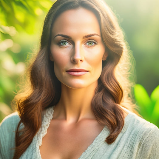 A serene, fit woman in her 30s, standing in a peaceful outdoor setting, surrounded by lush greenery, with a subtle glow and soft, warm lighting, wearing a calm, confident expression.