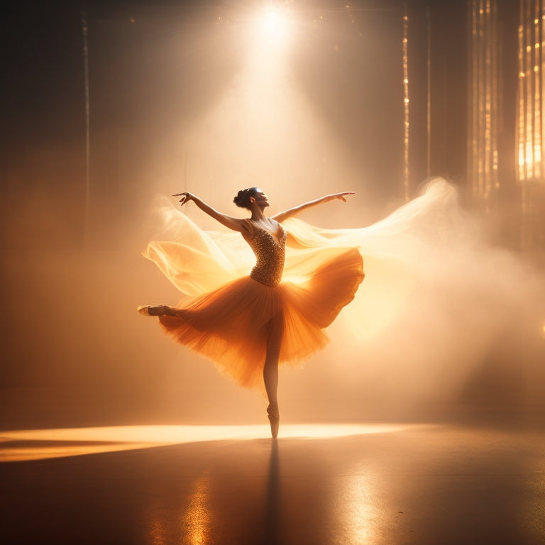 A warm, golden-lit dance studio with a lone dancer in a fluid pose, surrounded by swirling mist and subtle, shimmering lights, evoking a sense of ethereal movement and mastery.