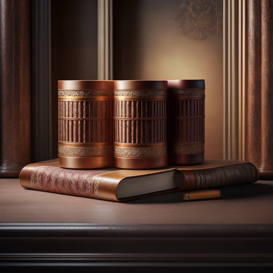 A serene, minimalist background with three, leather-bound ebooks standing upright, surrounded by delicate, swirling patterns of golden dust, evoking an atmosphere of sophistication and refinement.