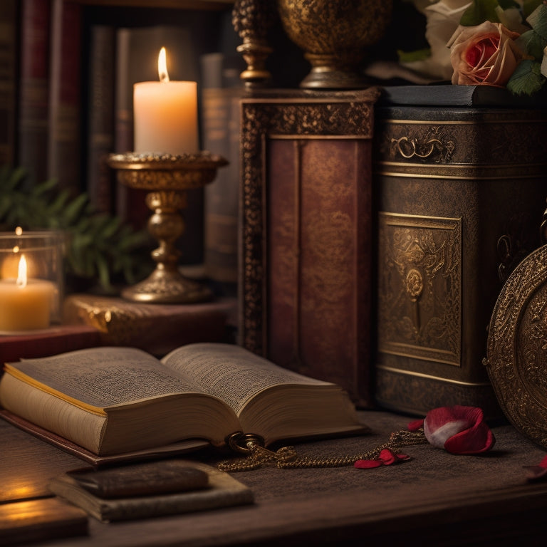 A warm, golden-lit bookshelf with worn, leather-bound tomes and vintage paperbacks, surrounded by scattered rose petals, candles, and a few strategically placed, antique lockets.