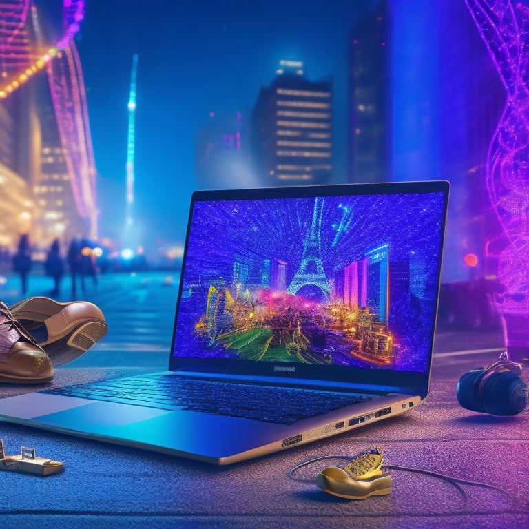 A vibrant illustration of a laptop surrounded by dancing shoes, ballet bars, and music notes, with a cityscape or stage lights blurred in the background, conveying creativity and entrepreneurial spirit.