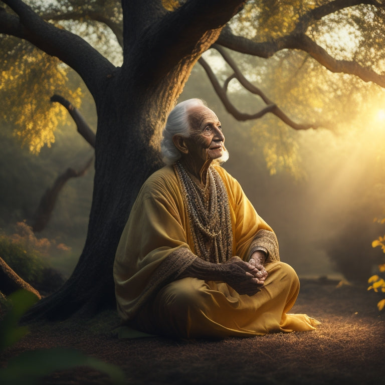 A serene, golden-lit portrait of a 97-year-old yoga master in a gentle, flowing tree pose, surrounded by faint, swirling patterns of light, amidst a soft, misty background.