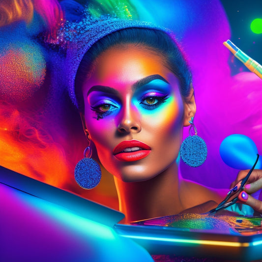 A vibrant, animated illustration of a dancer surrounded by swirling makeup brushes, colorful eyeshadows, and shimmering highlighters, with a laptop and tablet in the background, lit by a spotlight.