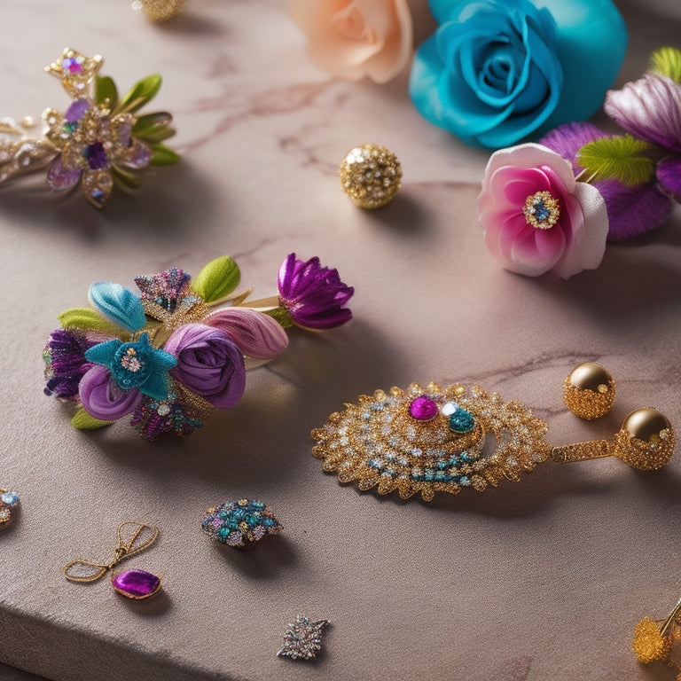 A collection of elegant hair barrettes displayed on a marble surface, featuring intricate designs like floral motifs, glittering gems, and vibrant colors, alongside a chic updo hairstyle adorned with these stylish accessories.