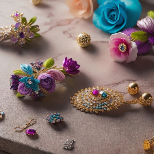 A collection of elegant hair barrettes displayed on a marble surface, featuring intricate designs like floral motifs, glittering gems, and vibrant colors, alongside a chic updo hairstyle adorned with these stylish accessories.