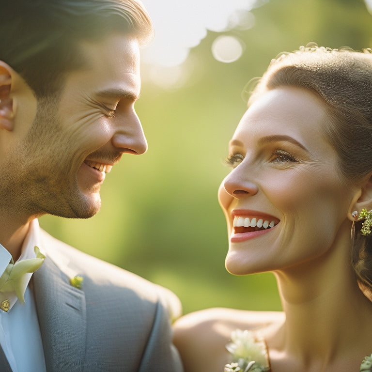 A warm, golden-lit scene: a newlywed couple embracing, laughing, and gazing into each other's eyes, surrounded by lush greenery, with a soft focus and a shallow depth of field.
