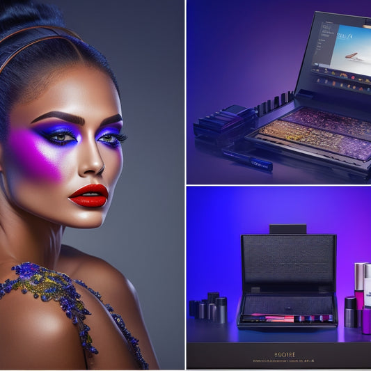 A split-screen image: one side features a laptop with a screen displaying a virtual makeup tutorial, surrounded by brushes and products; the other side showcases a glamorous, dramatically-lit model with bold, colorful stage makeup.