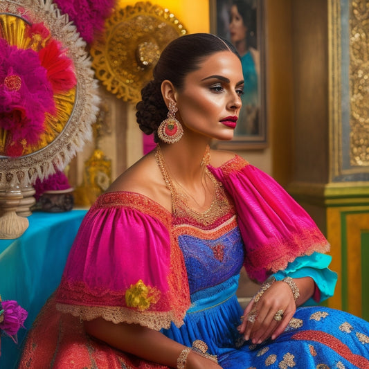 A vibrant flamenco dress adorned with ruffles and lace, paired with intricate handmade earrings, a decorative comb in a dancer's hair, and an ornate fan displaying rich colors and patterns, set against a lively Spanish backdrop.