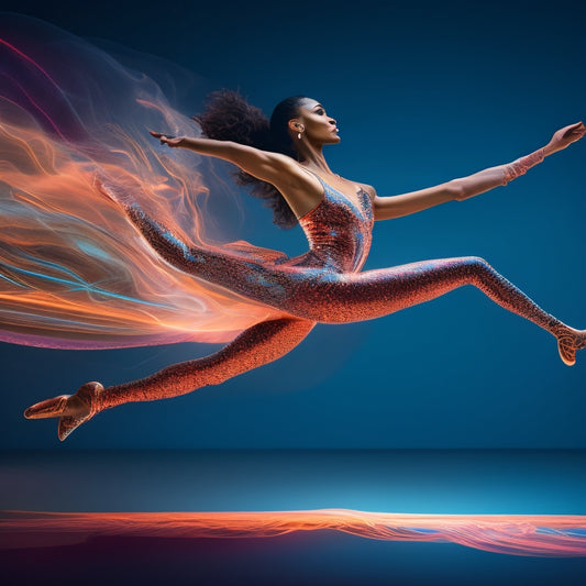 A stylized illustration of a dancer in motion, surrounded by swirling digital forms and lines, with a subtle background of a laptop or tablet screen, conveying efficiency and modernity.