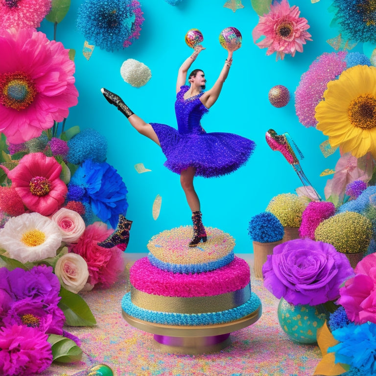 A whimsical illustration featuring a dance instructor surrounded by dancing shoes, flowers, and confetti, holding a personalized "World's Best Dance Instructor" trophy, set against a bright, colorful background.