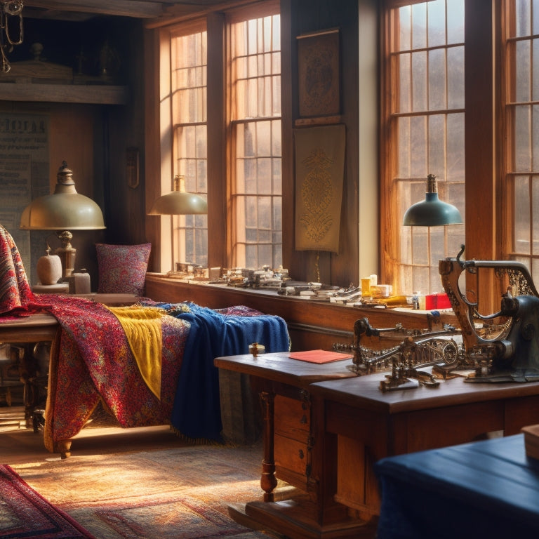 A warm, well-lit studio with several quilts draped over wooden mannequins, surrounded by bolts of colorful fabrics, threads, and antique sewing machines, with natural light pouring in through large windows.