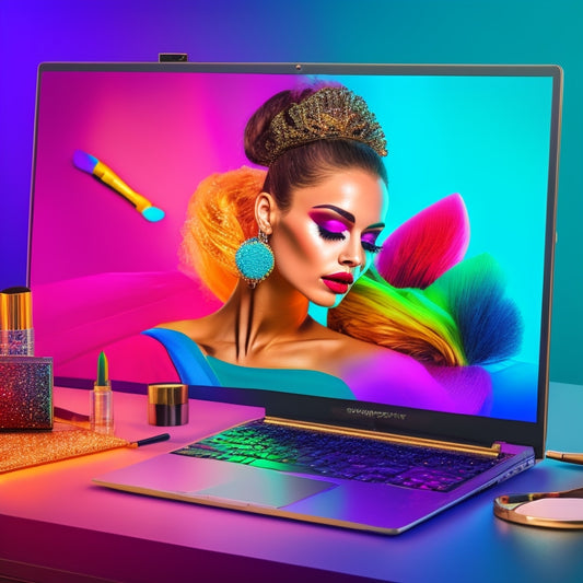 A vibrant illustration featuring a laptop screen displaying a dance makeup tutorial, surrounded by colorful makeup brushes, palettes, and mirrors, with a ballet barre and dance floor in the background.