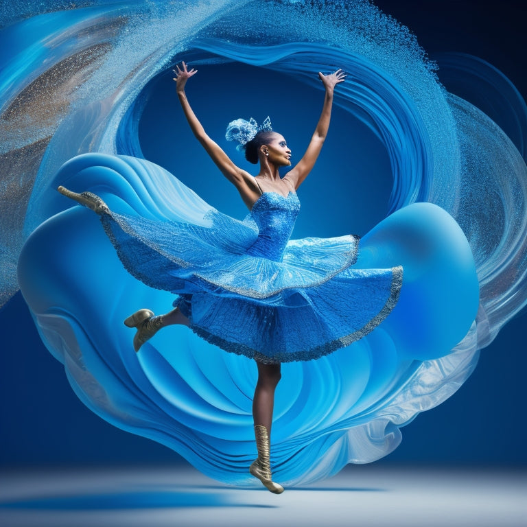 A whimsical illustration of a dancer in mid-leap, surrounded by swirling shapes and lines in shades of blue, with musical notes and dance steps subtly integrated into the background.