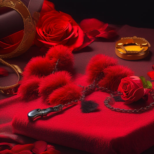 A dimly lit, velvety red background with a scattered arrangement of props: a feather boa, a silk blindfold, a pair of handcuffs, a velvet flogger, and a few scattered rose petals.