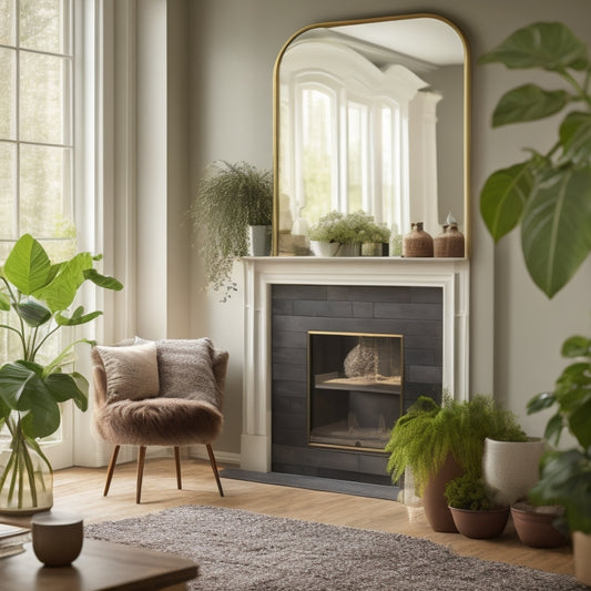 A cozy living room featuring an elegant, affordable glass mirror above a stylish mantle. Soft natural light filters through a window, highlighting the mirror's sleek frame and reflecting vibrant indoor plants and chic decor.