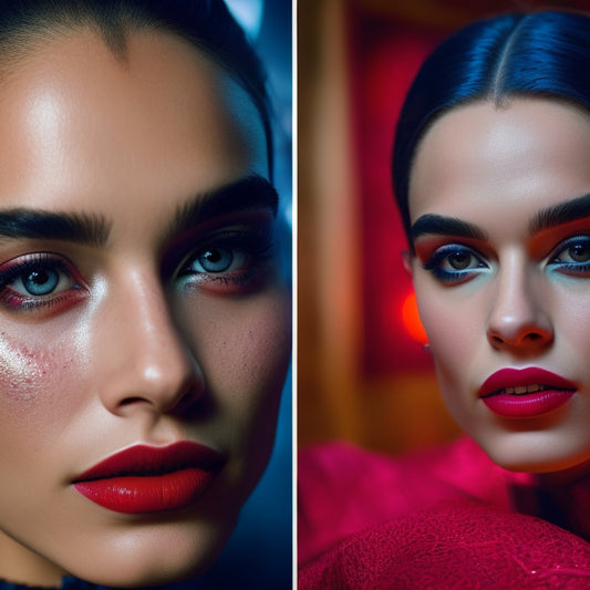 A split-screen image featuring a stunning, close-up portrait of Isamaya Ffrench's face with bold, vibrant makeup, alongside a director's chair and a film camera on a dimly lit, cinematic set.