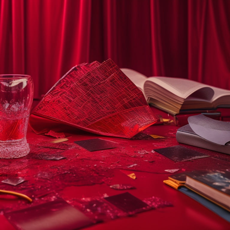 A bold, fiery red background with a broken pair of scales at its center, surrounded by scattered books and torn pages, with a shattered mirror in the foreground, reflecting a distorted, warped silhouette.