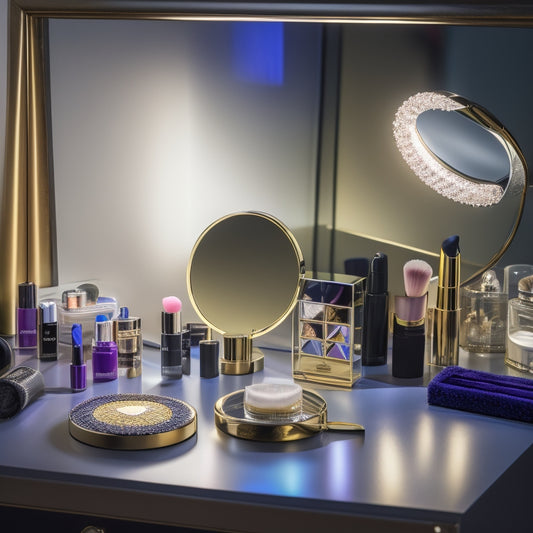 A bright, well-lit vanity with a ring light, surrounded by various makeup products and brushes, featuring a mirror reflecting a partially made-up face with a headset and microphone nearby.