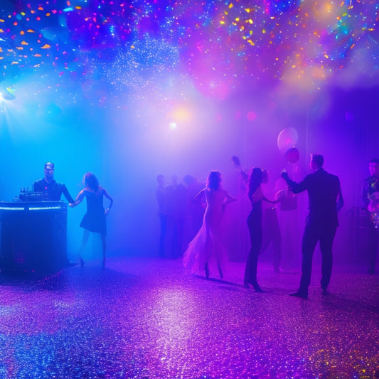 A vibrant, dimly lit dance floor with a DJ booth, spotlight shining down, surrounded by a sparkling disco ball, confetti, and balloons, with a few dancers in the background, blurred in motion.