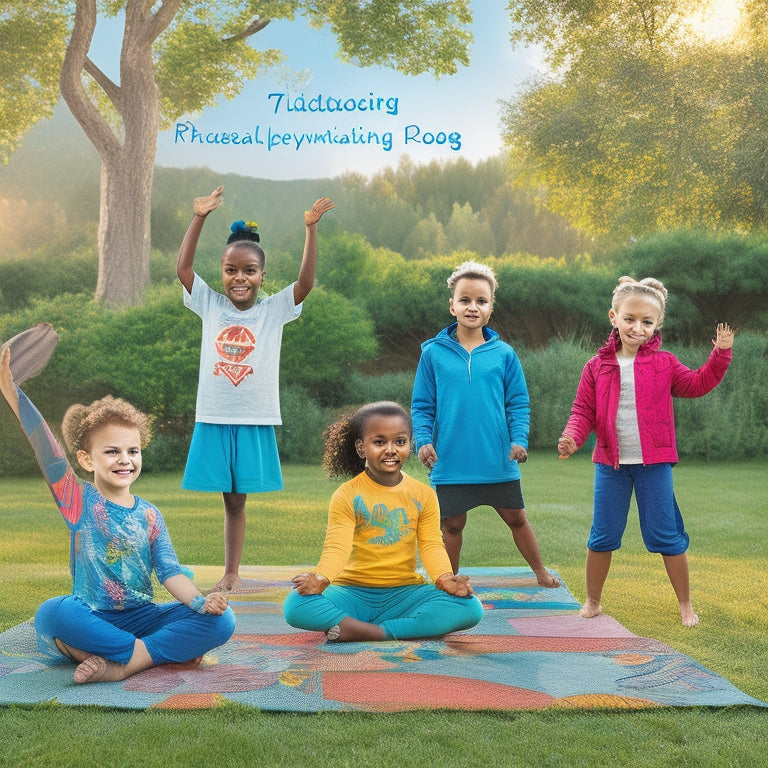 A colorful illustration of diverse kids (ages 4-12) in a whimsical outdoor setting, practicing dynamic yoga poses (e.g., tree pose, downward-facing dog, warrior) with joyful expressions and playful props.