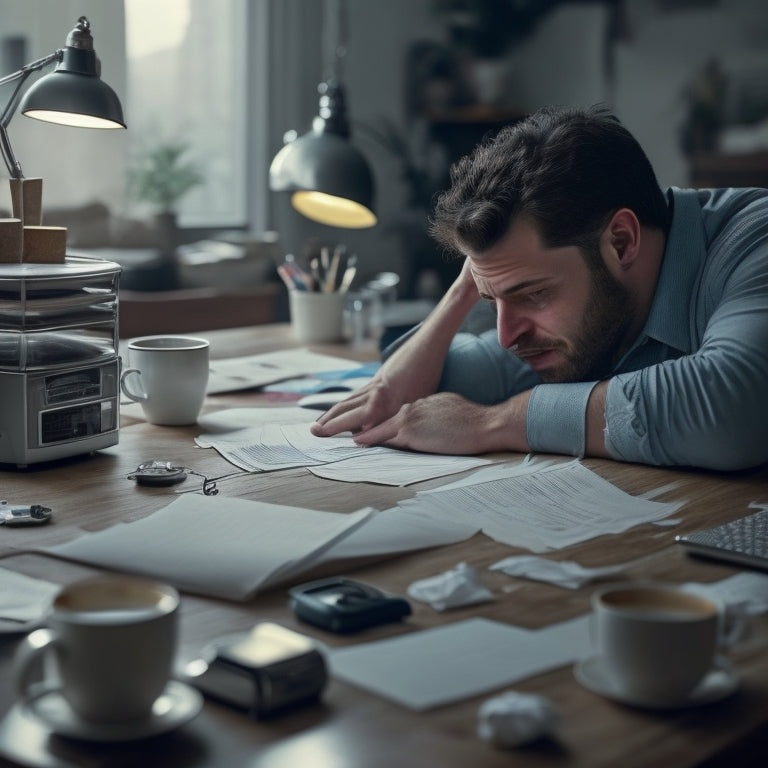 A frustrated creative, slumped over a desk, surrounded by empty coffee cups, with a computer screen displaying a timeline of unfinished video projects, amidst scattered notes and crumpled papers.