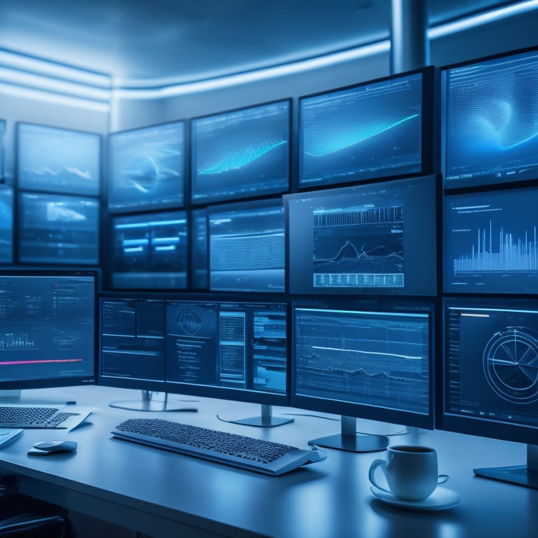 A futuristic dashboard with glowing blue screens displaying various online metrics, surrounded by minimalist white workstations and sleek, silver laptops, set against a dark gray background.