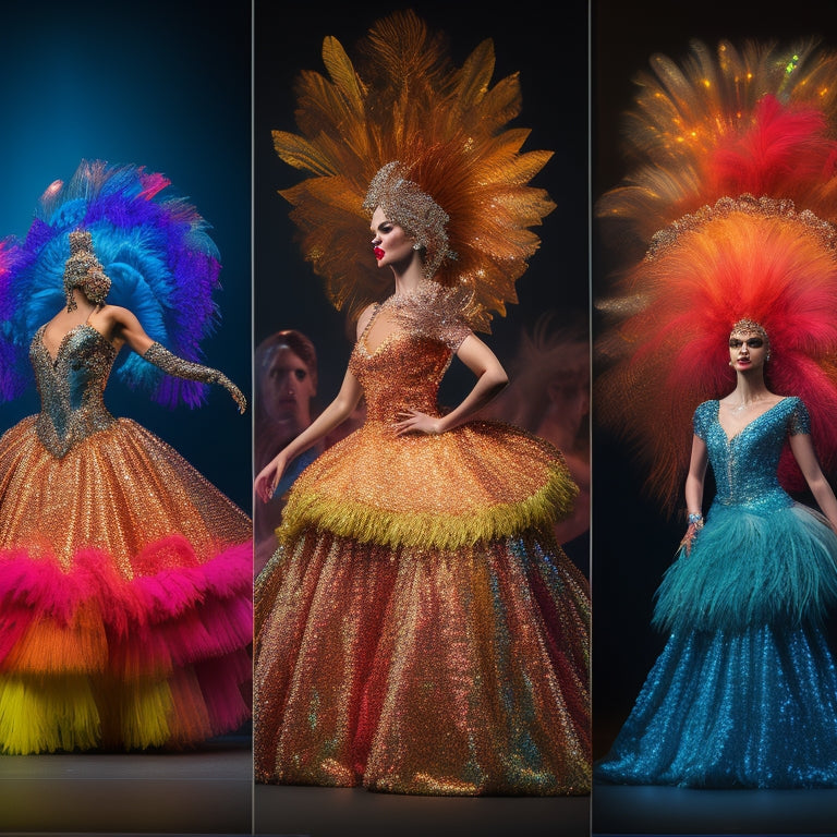 A dazzling array of vibrant competition dance dresses, featuring sequins, feathers, and flowing skirts, displayed on mannequins against a shimmering backdrop, highlighting unique styles, colors, and intricate designs that captivate the viewer.