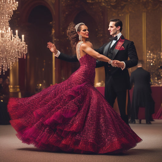 A vibrant ballroom dance scene featuring a couple in elegant costumes: a sequined, flowing gown with cascading ruffles in deep red and gold, and a sleek, tailored black tuxedo with rhinestone accents, spotlighted on a polished dance floor.