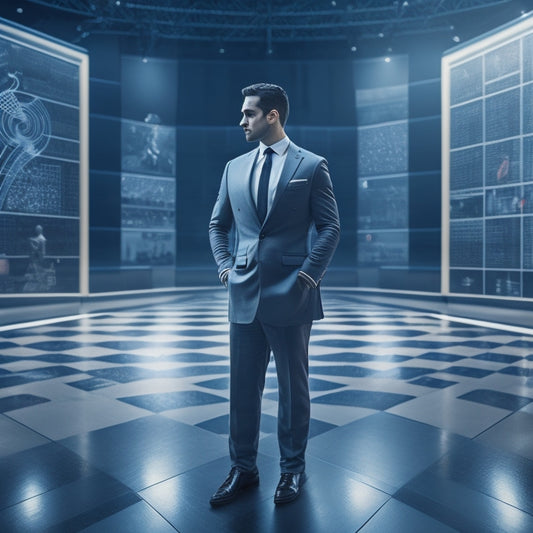 A futuristic, sleek, and modern illustration depicting a businessman standing in front of a giant chessboard, with social media and SEO pieces strategically placed to outmaneuver competitors.