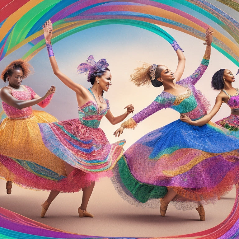 A vibrant illustration depicting diverse dancers of varying abilities, ages, and body types moving in harmony, surrounded by swirling patterns of colorful ribbons and musical notes, set against a warm, sunny background.