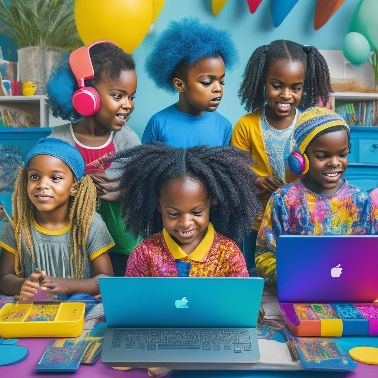 A colorful, whimsical illustration of diverse kids aged 4-10 in a virtual classroom, surrounded by laptops and tablets, engaging in various fun activities like dancing, painting, and playing musical instruments.