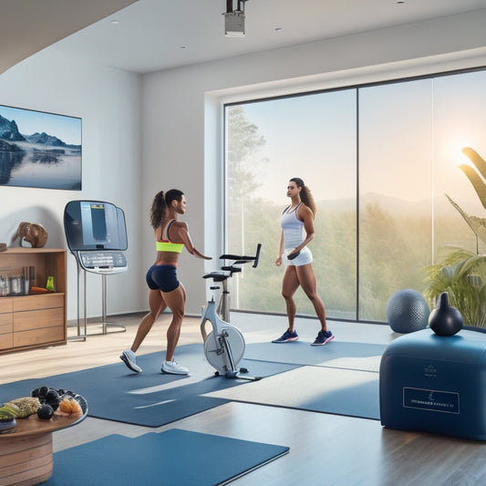 A futuristic, minimalist home gym with a sleek exercise bike, a large screen displaying a virtual fitness class, and a person in workout gear, sweating and smiling, surrounded by healthy snacks and a water bottle.