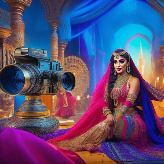 A vibrant, ornate Middle Eastern-inspired background with a belly dancer's silhouette in the center, surrounded by scattered video editing icons, camera lenses, and film strips.