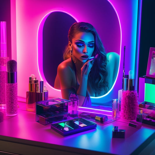 A futuristic, neon-lit vanity with a smartphone displaying a digital makeup try-on interface, surrounded by scattered makeup products and a dancer's mirror reflection with glowing, colorful accents.