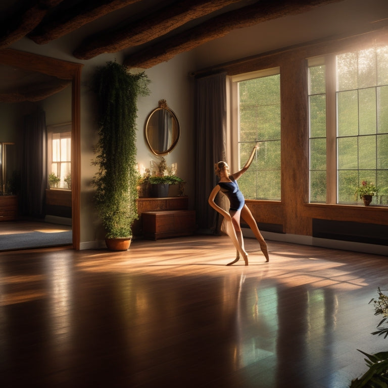 A serene, dimly lit dance studio with a warm wooden floor, a few ballet bars, and a mirror-covered wall, featuring a dancer in a gentle, flowing pose, surrounded by calming greenery and soft, natural light.