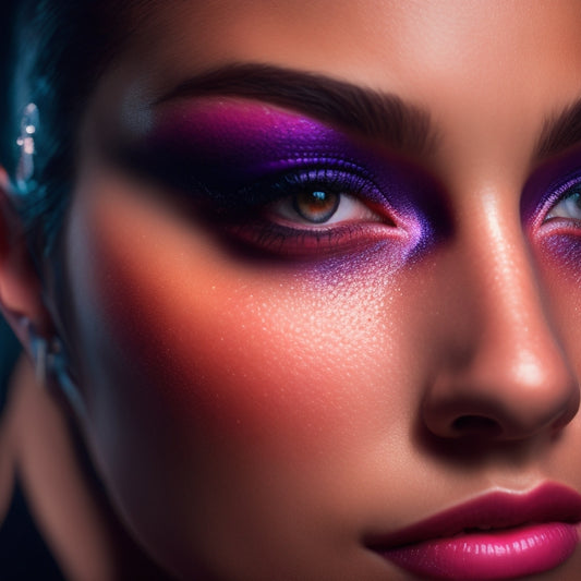 A close-up of a dancer's face, spotlight-lit, with flawless, glowing skin, bold, bright eyeshadow, and luscious, voluminous lashes, amidst a blurred, dark background with hints of stage lights.