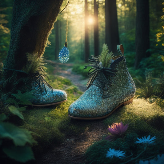 A whimsical forest scene featuring ethereal footwear adorned with bioluminescent elements, intricate lacework, and natural motifs, surrounded by vibrant flowers and magical creatures, all illuminated by soft, dappled sunlight filtering through the trees.