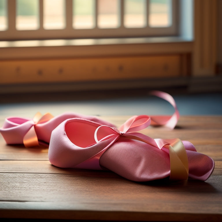 A delicate, pale pink ballet slipper rests on a worn, wooden dance floor, surrounded by neatly arranged ribbons of varying widths and colors, with a few loose ends artfully curled.