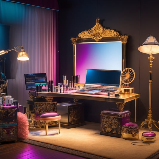 A glamorous, spotlight-lit makeup station with a mirror, brushes, and various cosmetics, surrounded by laptops and tablets displaying online course tutorials, amidst a backdrop of dance-inspired accessories and costumes.