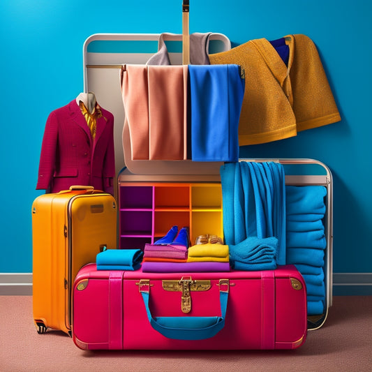 A colorful, overhead illustration of a garment bag partially folded, with a suitcase in the background, surrounded by scattered clothes and travel accessories.