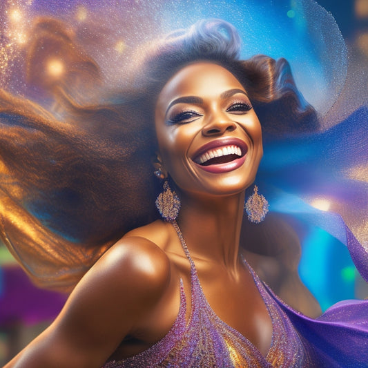 A vibrant, energetic illustration of a smiling woman in a flowing, shimmering costume, surrounded by swirling veils, with a subtle cityscape or gym background, conveying joy, movement, and confidence.