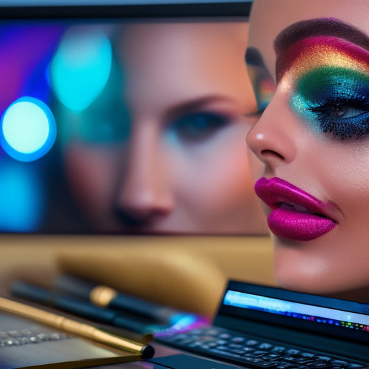 A close-up of a woman's face with a glamorous, sparkling eye makeup design, surrounded by makeup brushes, palettes, and a laptop with a dance-themed online course on the screen.