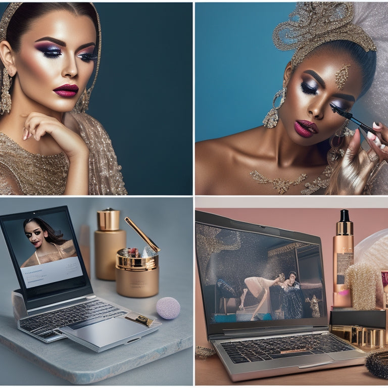 A split-screen image featuring a dance makeup artist applying makeup to a dancer's face on one side, and a laptop with a website and social media icons on the other, surrounded by beauty products and dance-themed props.