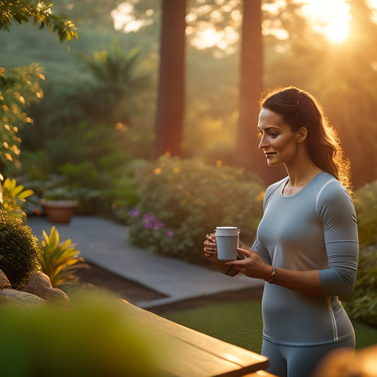 A serene morning scene: a person in workout clothes, standing in a peaceful backyard, surrounded by lush greenery, holding a cup of steaming coffee and a fitness tracker, with a subtle sunrise glow.