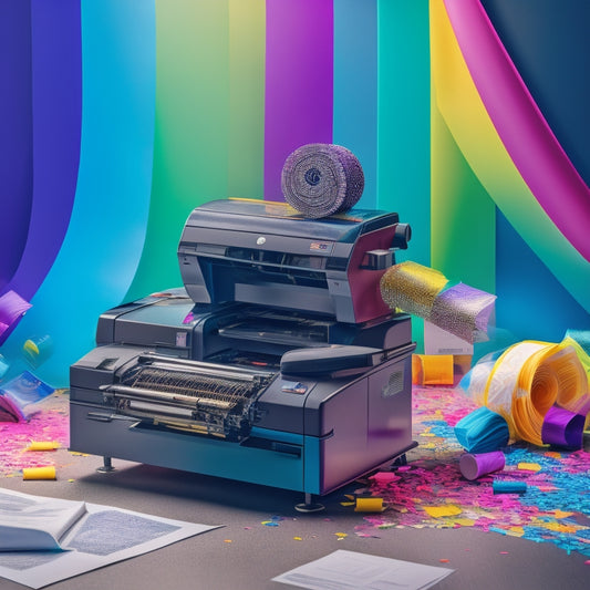 A colorful, modern illustration of a printing press in action, surrounded by rolls of paper, ink cartridges, and finished products like brochures, flyers, and catalogs, with confetti and ribbons hinting at celebration.