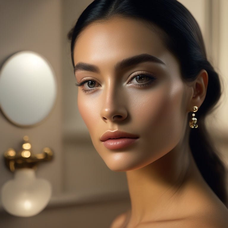 A serene, minimalist background with a delicate, ornate mirror reflecting a flawless, glowing complexion, adorned with luscious, voluminous lashes and perfectly shaped, full brows.